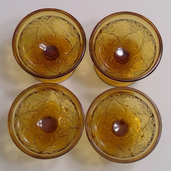 S/4 Vintage Indiana Glass Tiara Amber Sandwich Champagne Sherbet Glasses - Picture 3 of 9